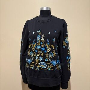DREW Black Sweatshirt with Blue and Gold Floral Embroidery